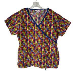 Scrub Works Womens Scrub Top Shirt Medical Puzzle Pieces Size XL